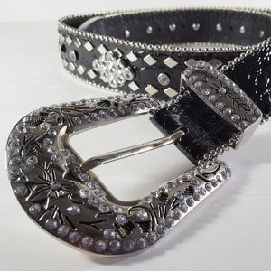Western Rhinestone Studded Belt Cowgirl Rodeo Pageant Bling Buckle Black Leather